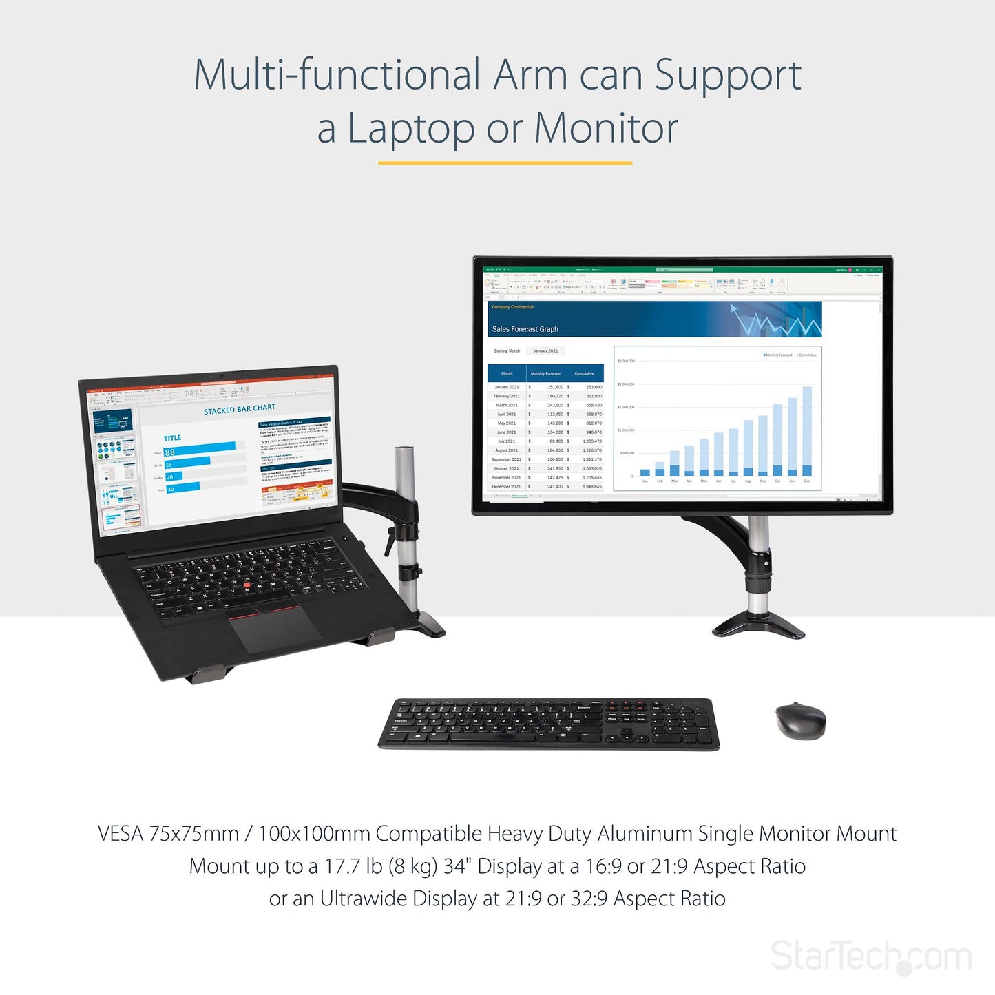 StarTech.com Desk Mount Laptop Arm - Full Motion Articulating Arm for Laptop or Single 34" (17.6lb/8kg) Monitor - VESA Mount Laptop Tray Bracket - Ergonomic Adjustable Notebook Stand - Desk-Clamp