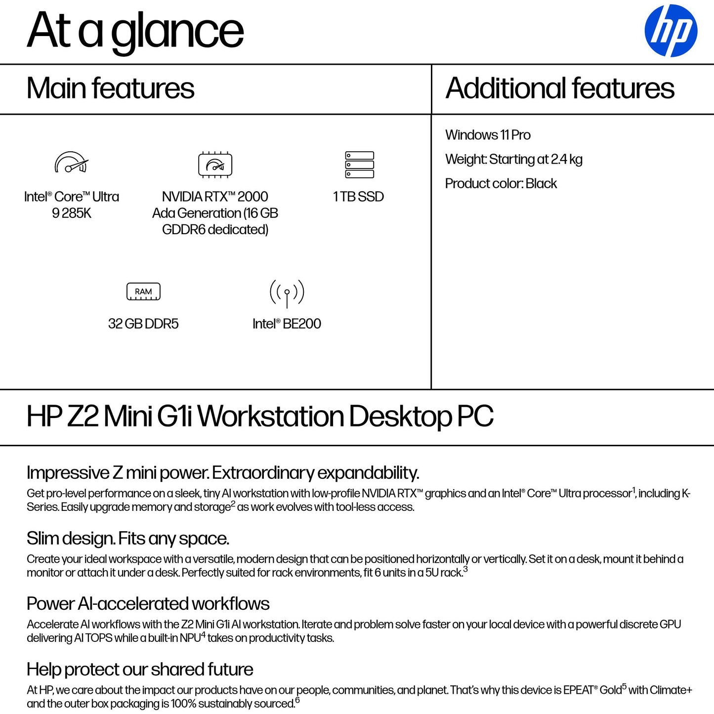 HP Z2 Mini G1i Intel Core Ultra 9 285K 32 GB DDR5-SDRAM 1 TB SSD NVIDIA RTX 2000 Ada Windows 11 Pro Mini PC Workstation AI Workstation, AI PC Black