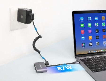 Manhattan USB-C Dock/Hub, Ports (x4): HDMI, USB-A, USB-C and VGA, with Power Delivery (PD) 87W- requires external USB-C charger (not included). USB powered (no external power supply required) when PD is not in use, Aluminium