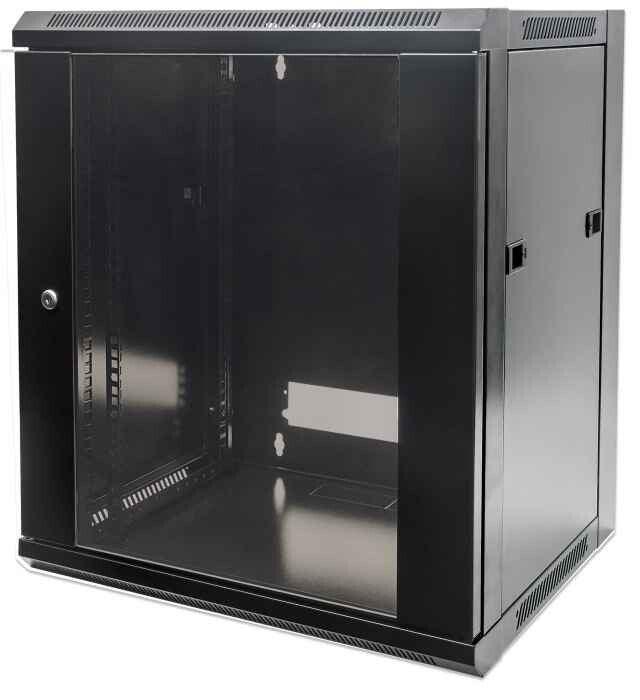 Intellinet 19" Network Cabinet - Wall Mount (Standard), 15U, 600mm Deep, Black, Flatpack, Max 60kg, Metal & Glass Door, Back Panel, Removeable Sides, Suitable also for use on desk or floor, Usable Depth 410mm, Parts for wall installation not included