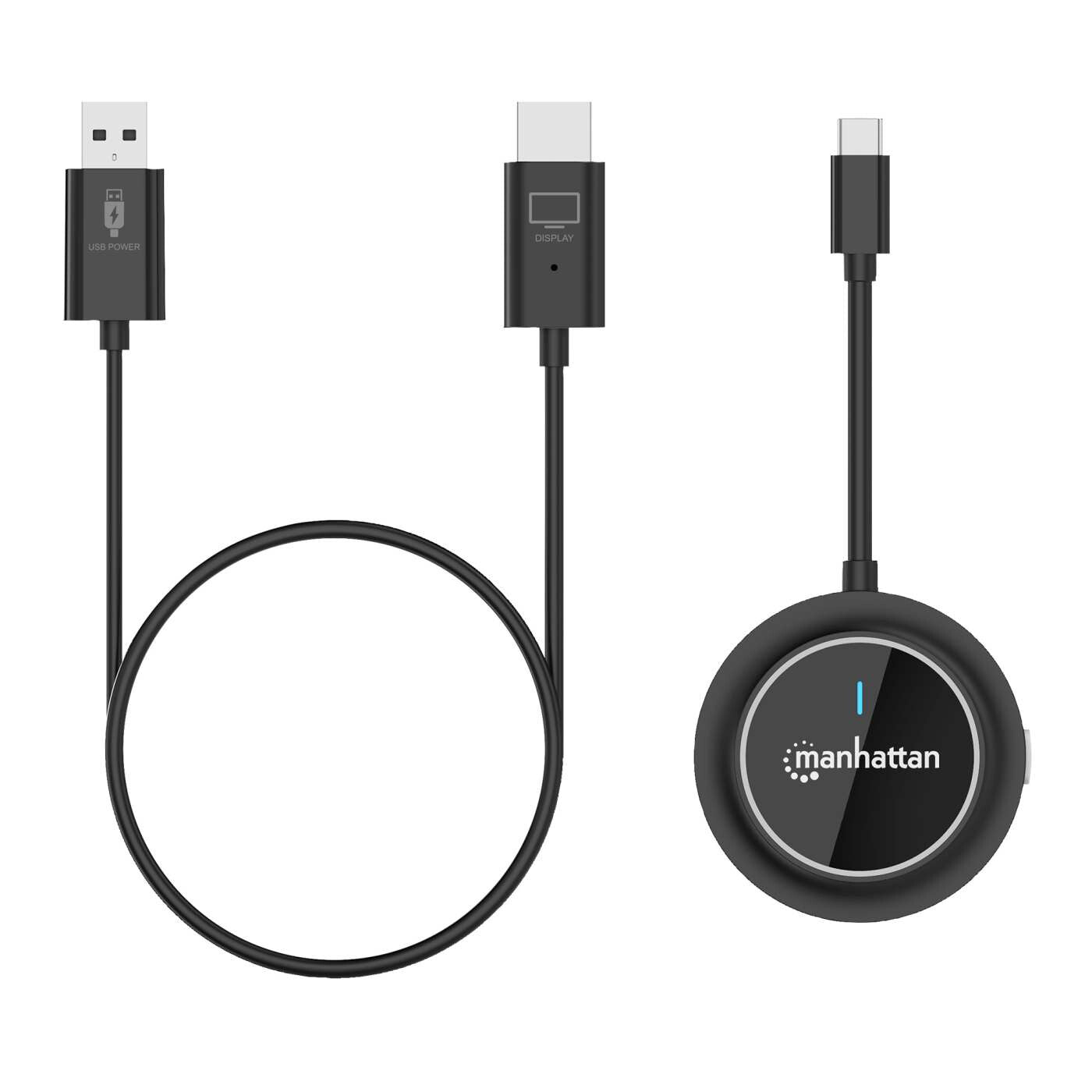 Manhattan 1080p Wireless HDMI Display Presentation Kit, 2-Piece Set with HDMI Receiver and USB-C Transmitter Dongle to Wirelessly Display a Video Signal from a Laptop/Tablet/Smartphone on an HDMI TV or Projector, Black