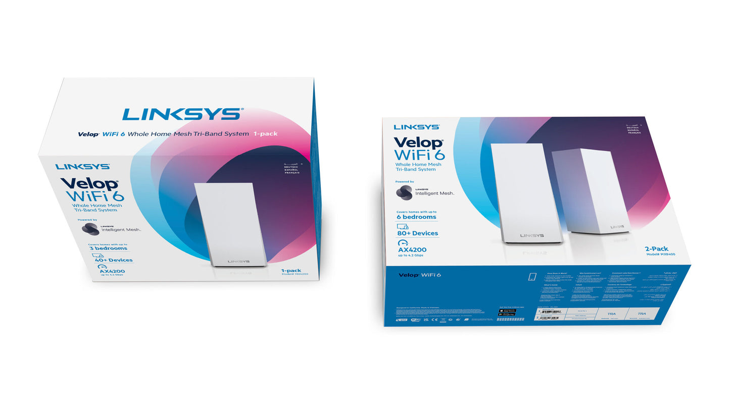 Linksys Velop Whole Home Intelligent Mesh WiFi 6 (AX4200) System, Tri-Band, 2-pack