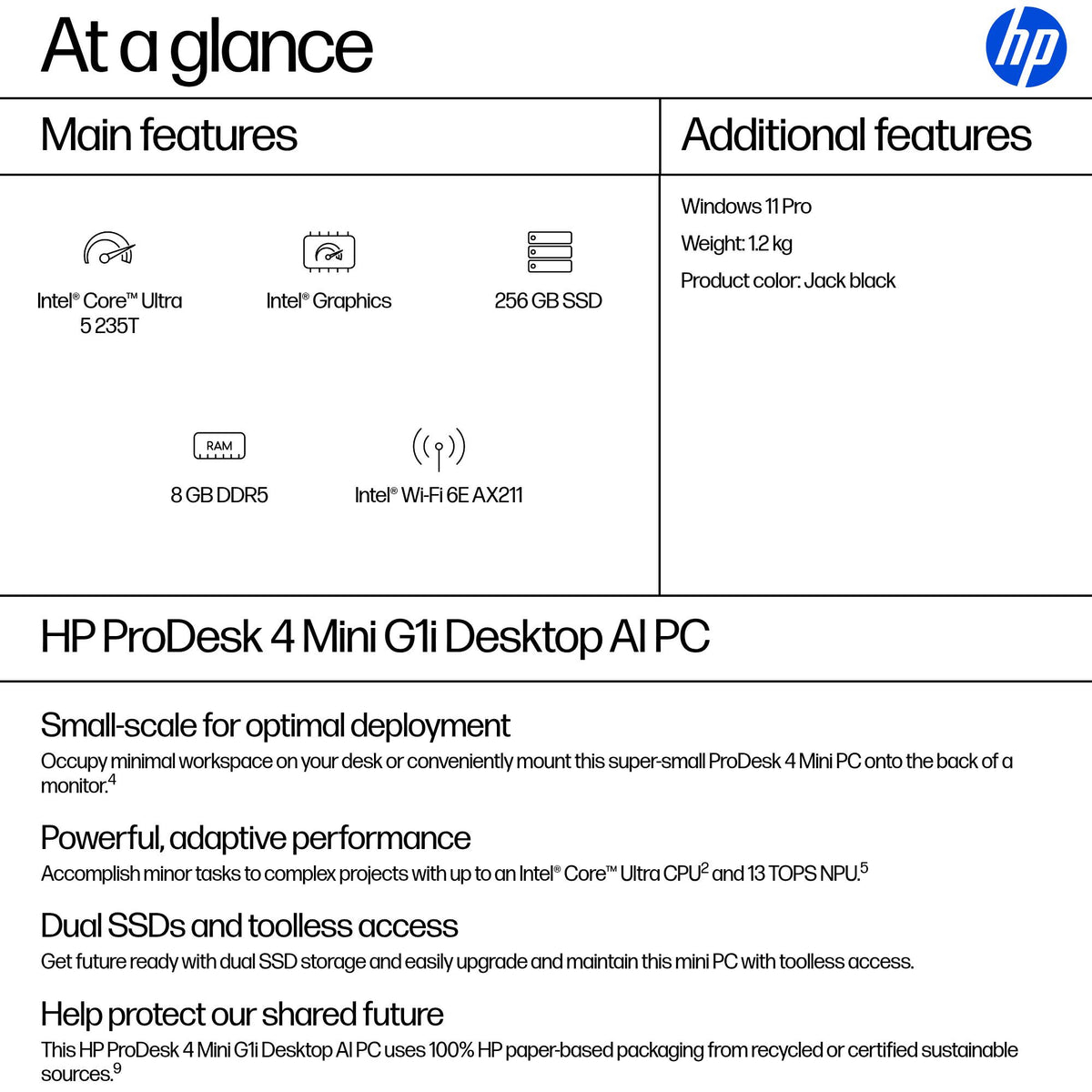 HP ProDesk 4 G1i AI PC Intel Core Ultra 5 235T 8 GB DDR5-SDRAM 256 GB SSD Windows 11 Pro Mini PC Black