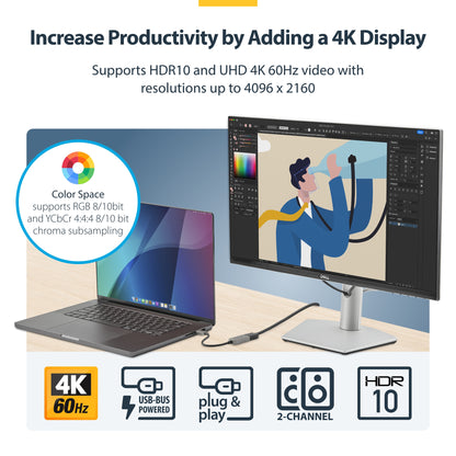 StarTech.com USB-C to HDMI Adapter, 4K 60Hz Video, HDR10, USB-C to HDMI Monitor Dongle, USB4 / Thunderbolt Compatible