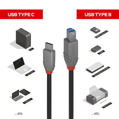 Lindy 1m USB 3.2 Type C to B Cable, Anthra Line