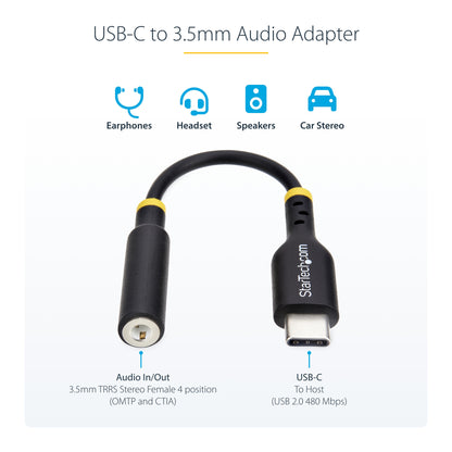 StarTech.com 5in (12.7cm) USB-C to 3.5mm TRRS Headphone/Headset Jack Audio Adapter, USB Type-C Aux Dongle, 32-bit DAC, Supports USB-C/Thunderbolt, Laptop/Phone/Tablet