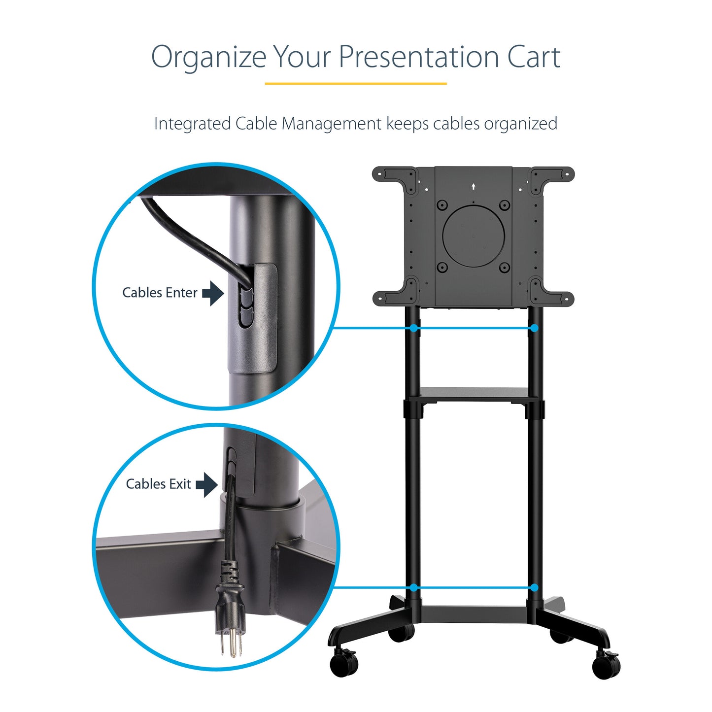 StarTech.com Mobile TV Cart - Portable Rolling TV Stand for 37-70" VESA Display (154lb/70kg) - TV Stand w/Shelf & Storage Compartment - Rotate/Tilt Display - Universal TV Mount on Wheels
