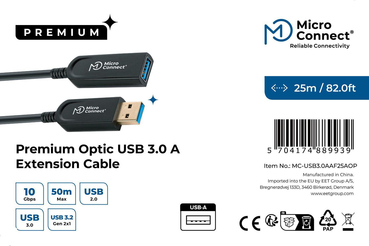 Microconnect MC-USB3.0AAF25AOP USB cable USB 3.2 Gen 2 (3.1 Gen 2) 25 m USB A Black