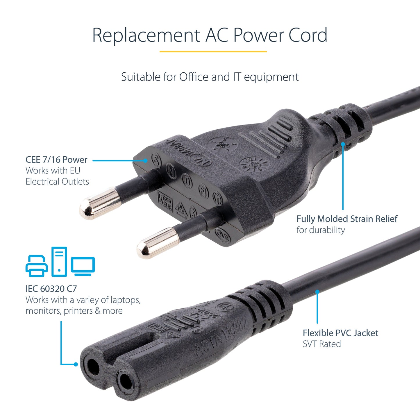StarTech.com 3m (10ft) Laptop Power Cord, EU Plug to C7, 2.5A 250V, 18AWG, Laptop Replacement Cord, Printer Power Cable, Laptop Charger Cord, Laptop Power Brick Cord, Black