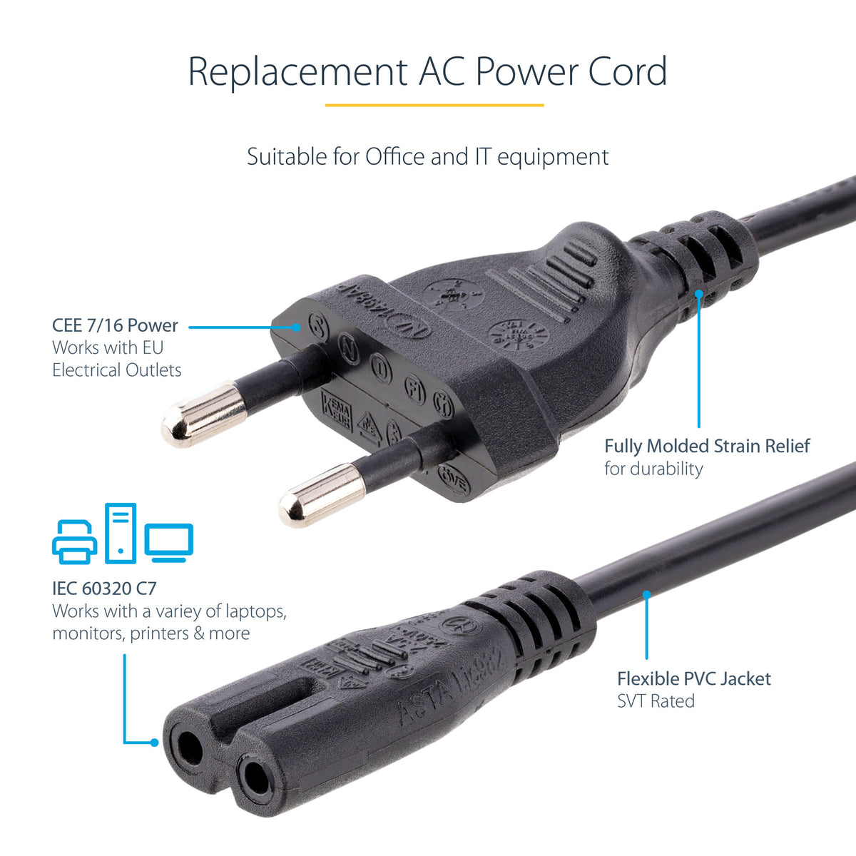StarTech.com 2m (6ft) Laptop Power Cord, EU Plug to C7, 2.5A 250V, 18AWG, Laptop Replacement Cord, Printer Power Cable, Laptop Charger Cord, Laptop Power Brick Cord