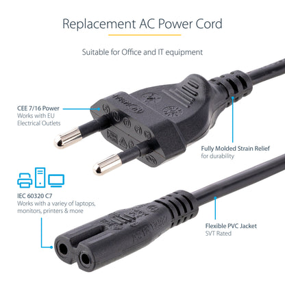 StarTech.com 2m (6ft) Laptop Power Cord, EU Plug to C7, 2.5A 250V, 18AWG, Laptop Replacement Cord, Printer Power Cable, Laptop Charger Cord, Laptop Power Brick Cord
