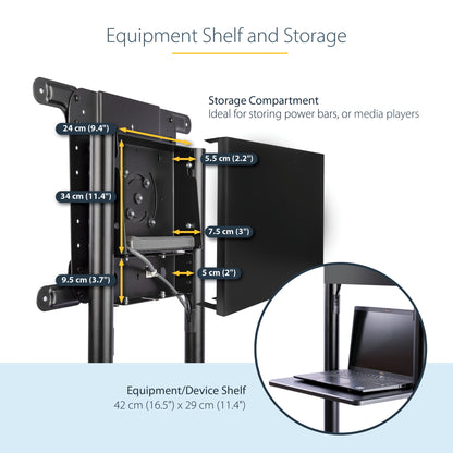 StarTech.com Mobile TV Cart - Portable Rolling TV Stand for 37-70" VESA Display (154lb/70kg) - TV Stand w/Shelf & Storage Compartment - Rotate/Tilt Display - Universal TV Mount on Wheels