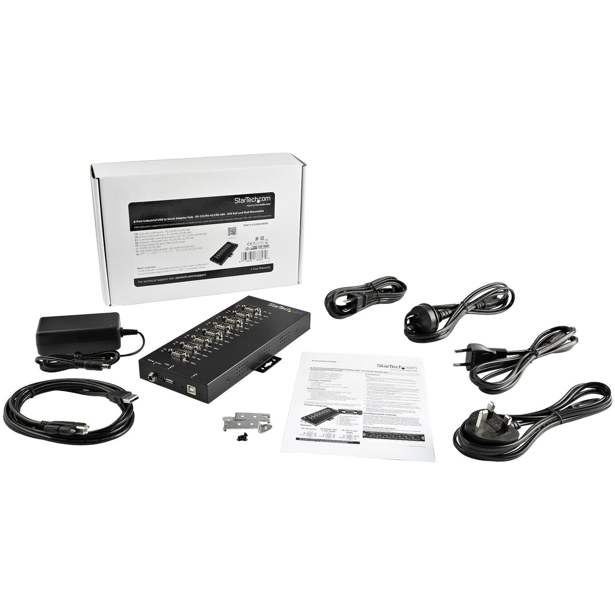 StarTech.com 8 Port Serial Hub USB to RS232/RS485/RS422 Adapter - Industrial USB 2.0 to DB9 Serial Converter Hub - IP30 Rated - Din Rail Mountable Metal Serial Hub - 15kV ESD Protection - TAA
