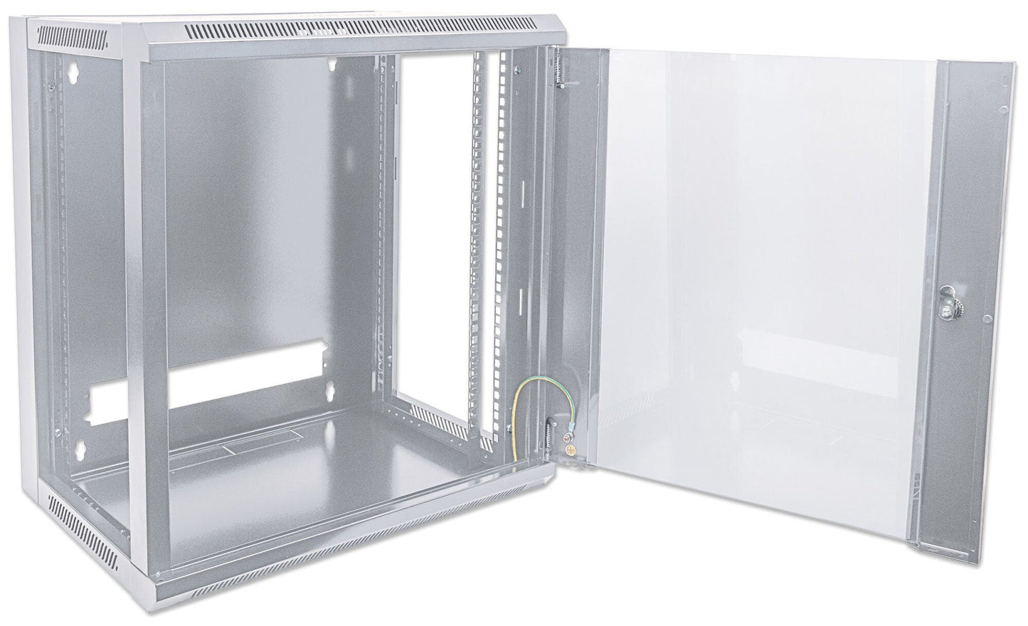 Intellinet 19" Network Cabinet - Wall Mount (Standard), 9U, 450mm Deep, Grey, Flatpack, Max 60kg, Suitable also for use on desk or floor, Usable Depth 260mm, Metal & Glass Door, Back Panel, Removeable Sides, Parts for wall install (eg screws/rawl plugs) n