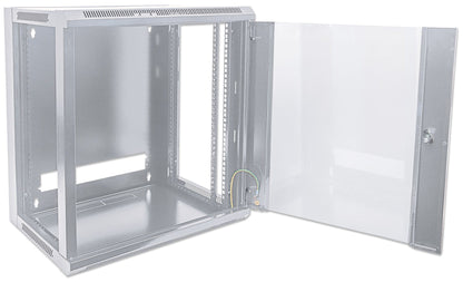 Intellinet 19" Network Cabinet - Wall Mount (Standard), 9U, 450mm Deep, Grey, Flatpack, Max 60kg, Suitable also for use on desk or floor, Usable Depth 260mm, Metal & Glass Door, Back Panel, Removeable Sides, Parts for wall install (eg screws/rawl plugs) n