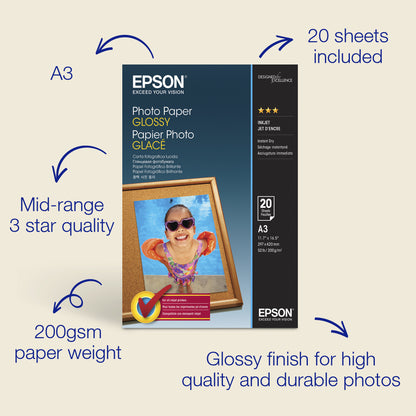 Epson A3 Glossy Photo Paper 200gsm, 20 sheets