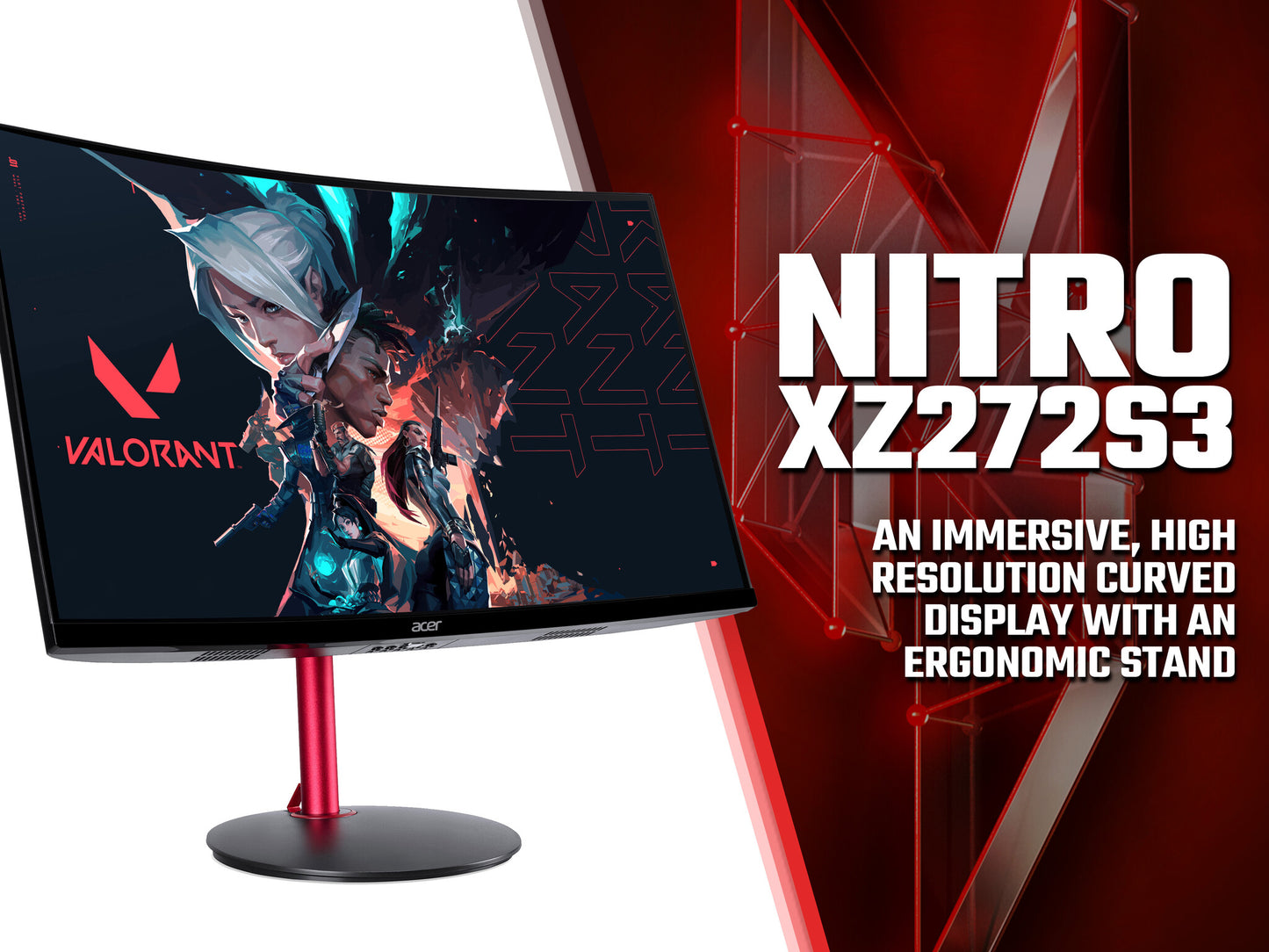 Acer Nitro KG2 Nitro XZ272S3 curved gaming monitor - 27", 1500R, Full HD, 180Hz, 1ms, FreeSync Premium, DisplayHDR 400, HDMI & DP