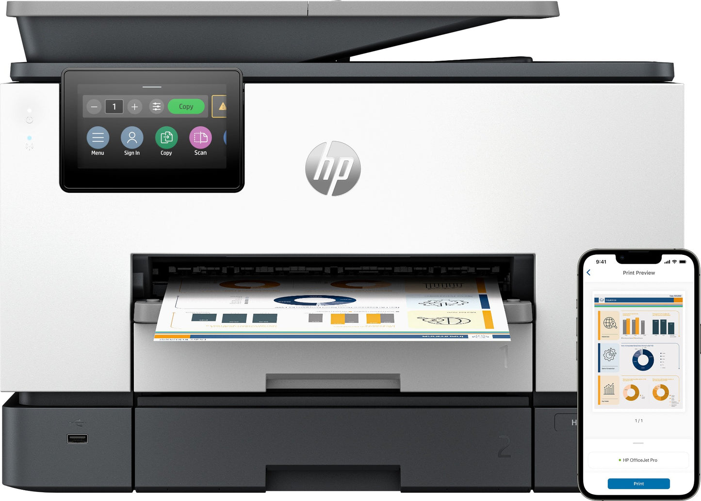 HP OfficeJet Pro 9130b All-in-One Printer, Color, Printer for Small medium business, Print, copy, scan, fax, Wireless; Print from phone or tablet; Automatic document feeder; Two-sided printing; Two-sided scanning; Scan to email; Scan to pdf; Fax; Front US