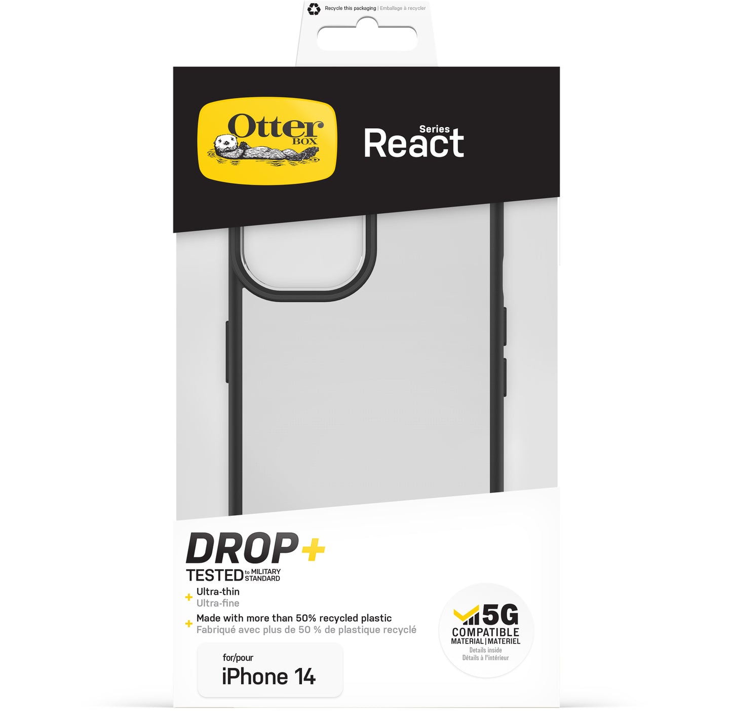 OtterBox React Case for iPhone 14, Shockproof, Drop proof, Ultra-Slim, Protective Thin Case, Tested to Military Standard, Antimicrobial Protection, Black Crystal